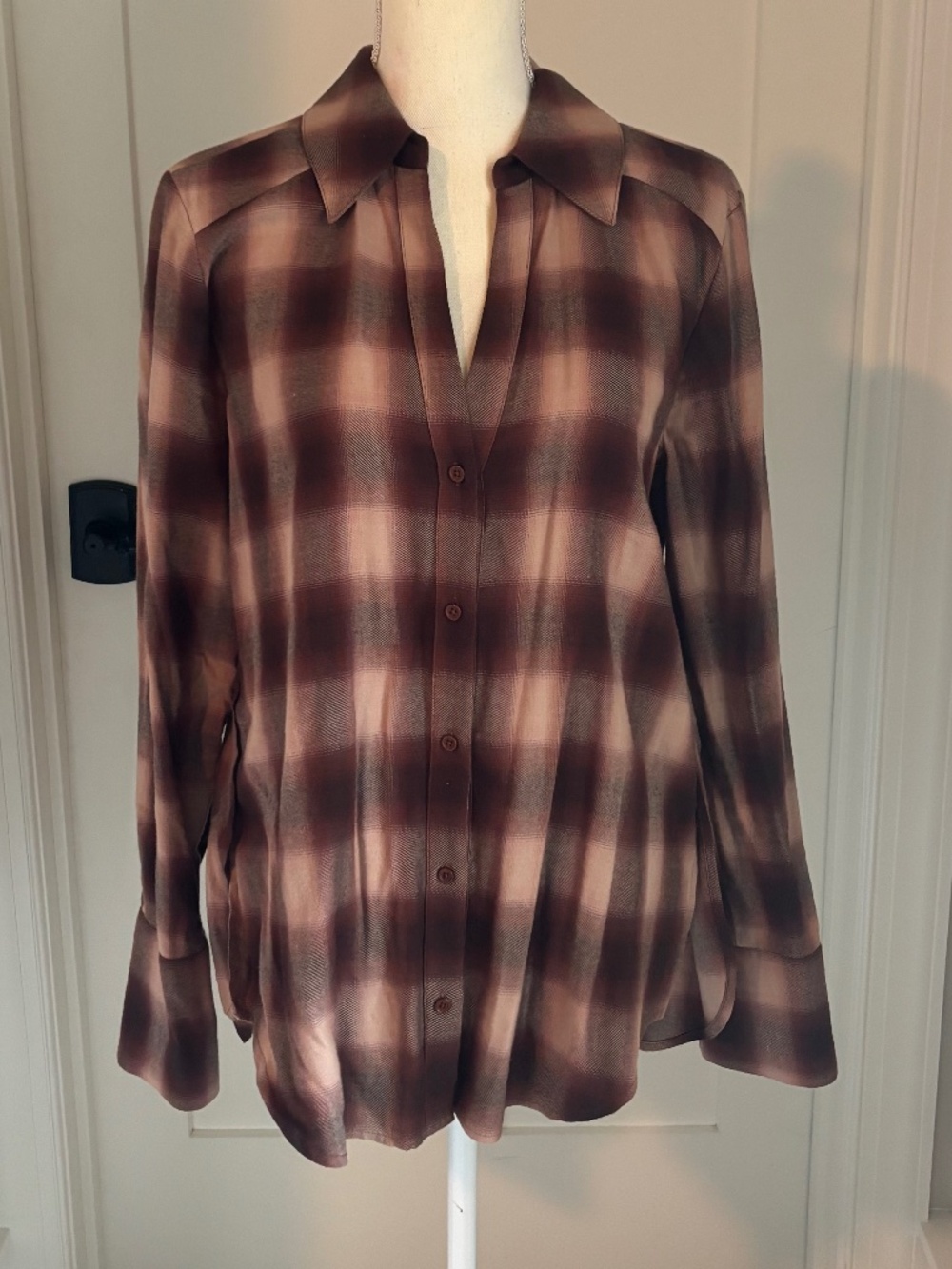 PAIGE Brown & Taupe Plaid Button Up Blouse